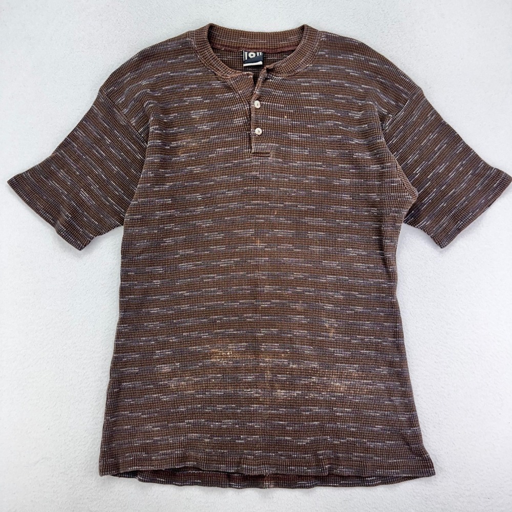 Vintage 90s Henley Shirt Mens Large Brown Thermal Short Sleeve Tee USA Heavy IOU